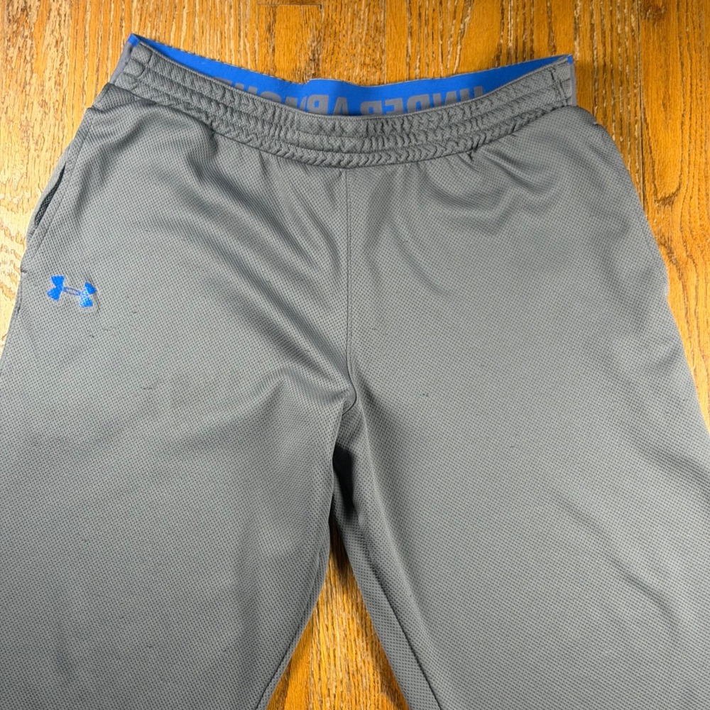 Under Armour Mens Athletic Pants Gray Blue Logo Mesh Track Pants XL Pockets